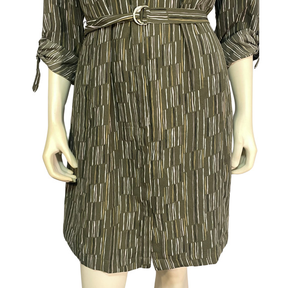 Apt. 9 Sz M Shirt Dress with Belt Roll Tab Sleeves Above-Knee Mod Olive Stripes - Picture 8 of 12
